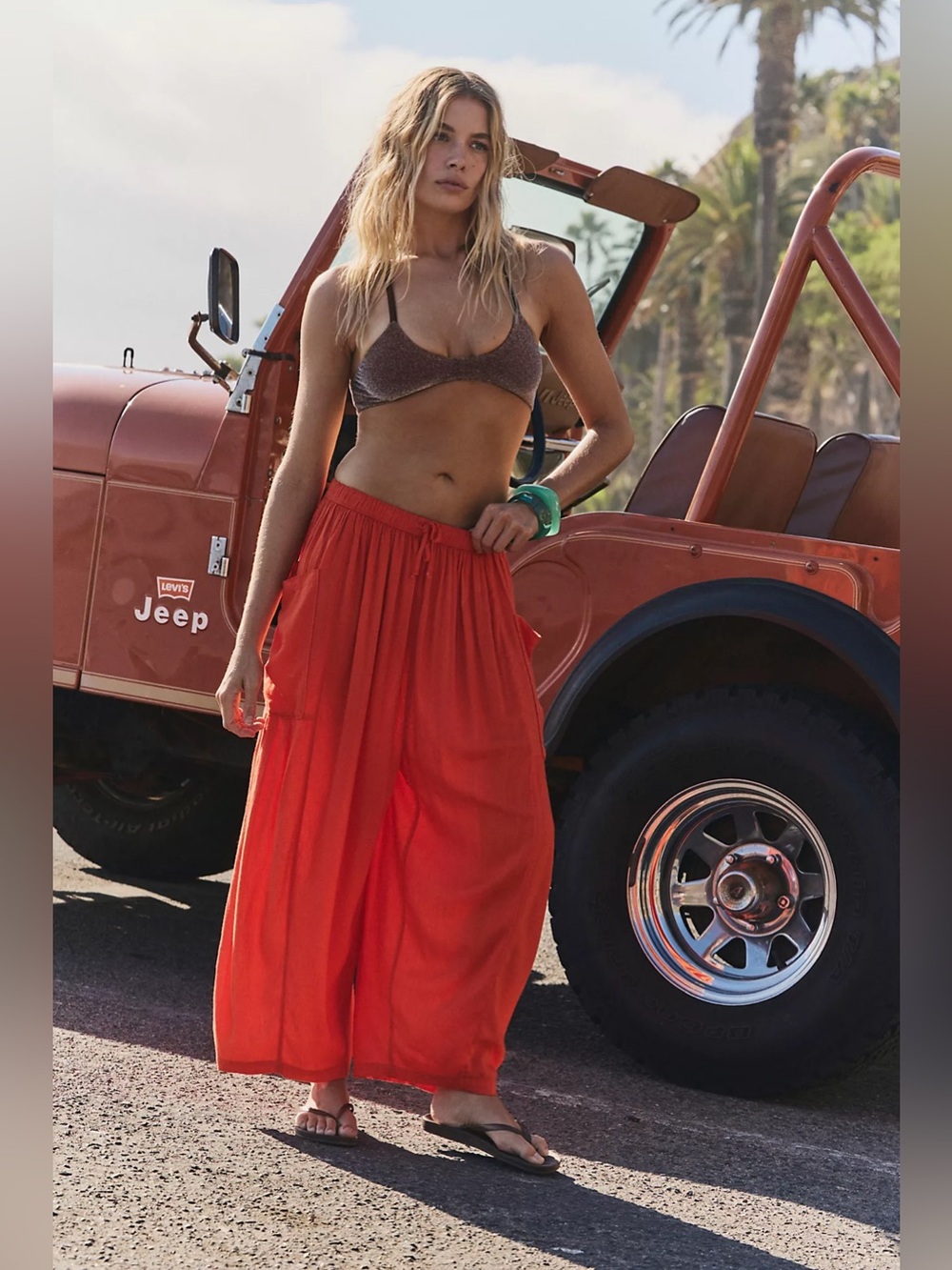 Free People Quinn Pants in Mandarin Red, viscose linen, fits medium